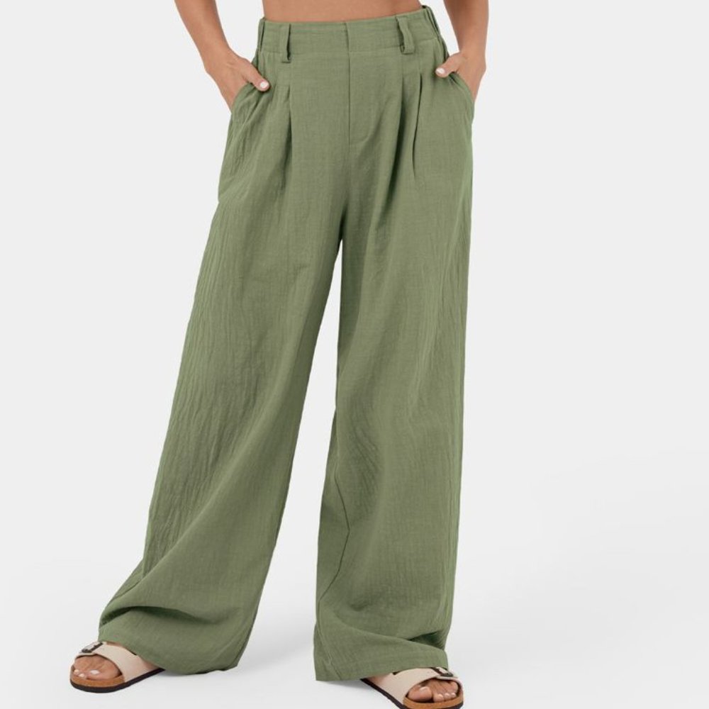 Halara High Waisted Plicated Side Pocket Wide Leg Flowy Palazzo Cotton P…
